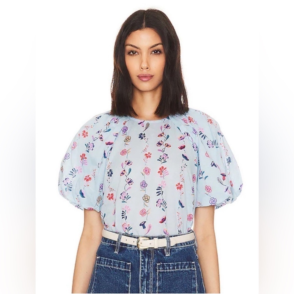 BANJANAN Santos Top in Misty Floral Blue Puff Sleeve Flowers Medium